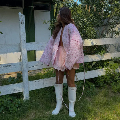 Loose Quilted Jacket with Pink Floral Lace-Up Design