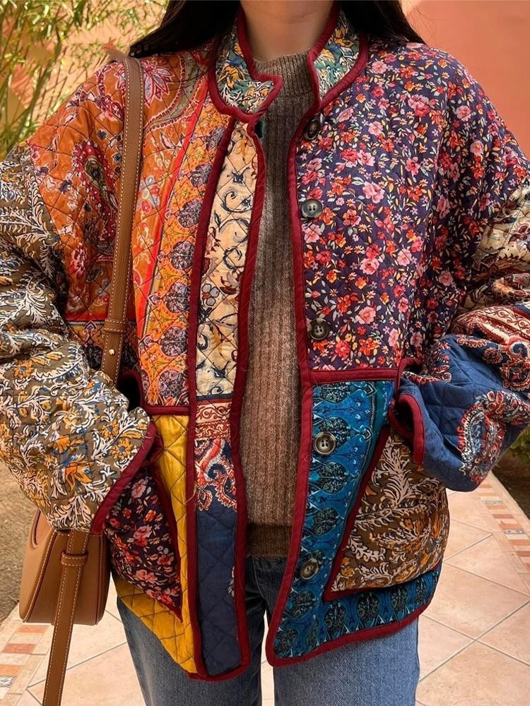 Multi-Colored Quilted Jacket with Ethnic Pattern Design