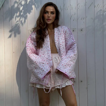 Loose Quilted Jacket with Pink Floral Lace-Up Design
