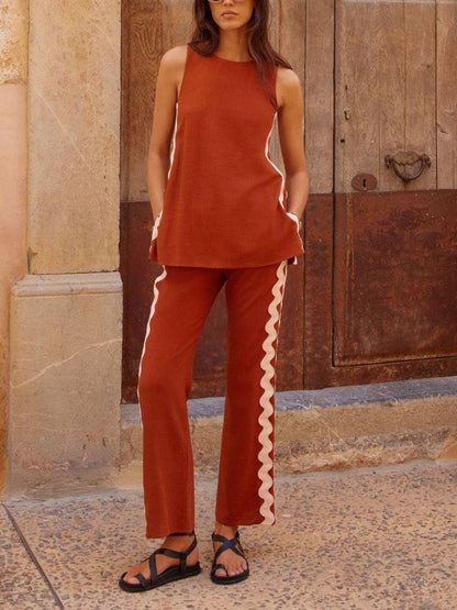 Relaxed Fit Sleeveless Top with Slit and Wide-Leg Trouser Set