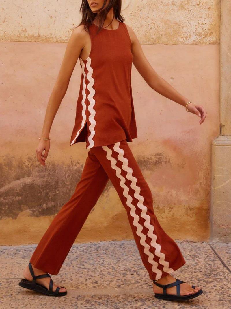 Relaxed Fit Sleeveless Top with Slit and Wide-Leg Trouser Set