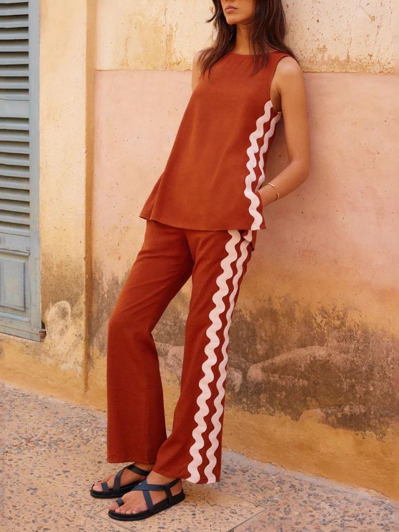 Relaxed Fit Sleeveless Top with Slit and Wide-Leg Trouser Set