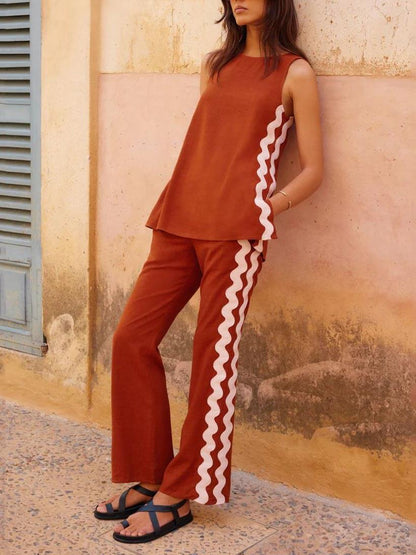 Relaxed Fit Sleeveless Top with Slit and Wide-Leg Trouser Set