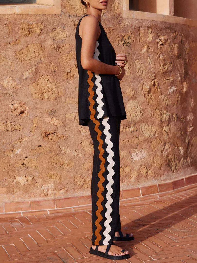 Relaxed Fit Sleeveless Top with Slit and Wide-Leg Trouser Set
