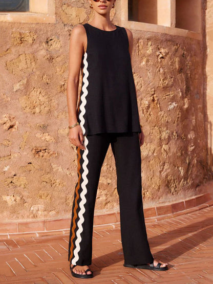 Relaxed Fit Sleeveless Top with Slit and Wide-Leg Trouser Set