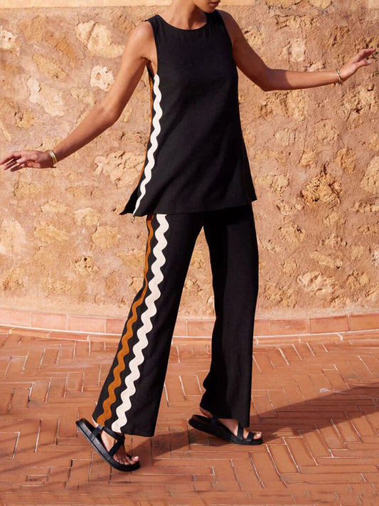 Relaxed Fit Sleeveless Top with Slit and Wide-Leg Trouser Set