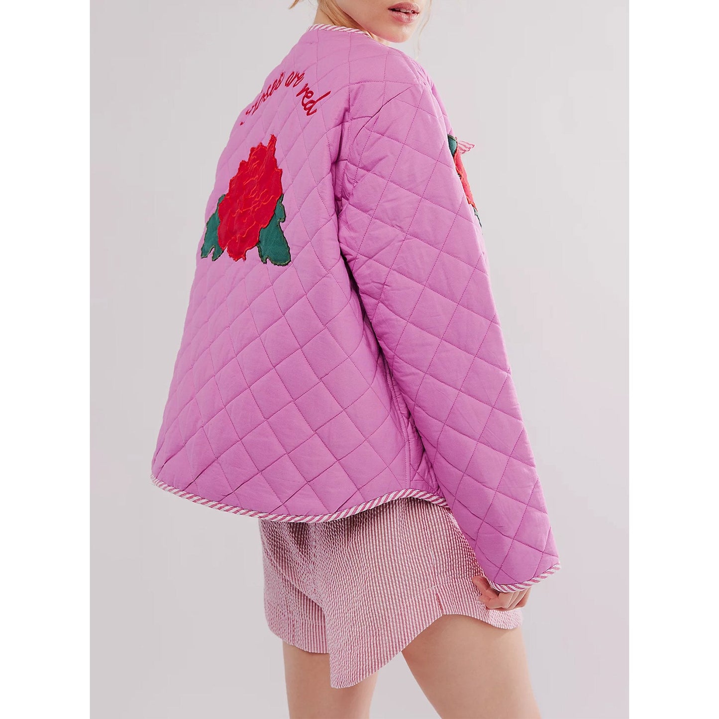 Pink Thin Jacket with Rose Print and Bow Detail