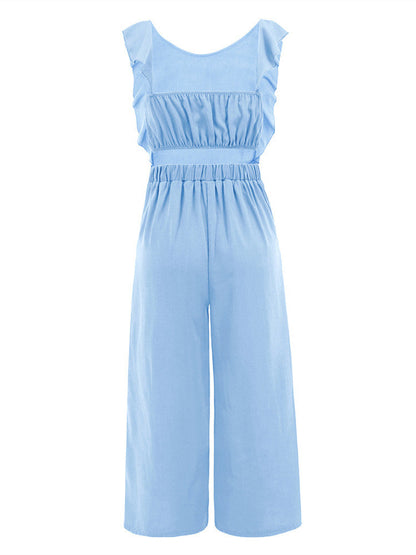 Ruffled Belted Midi Culotte Jumpsuit with Straight Legs