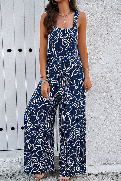 Pocketed Printed Wide Strap Jumpsuit