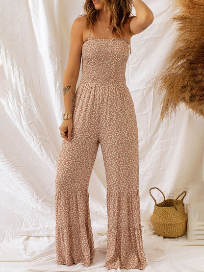 Floral Print Wide Leg Jumpsuit with Spaghetti Straps and Smocked Bodice