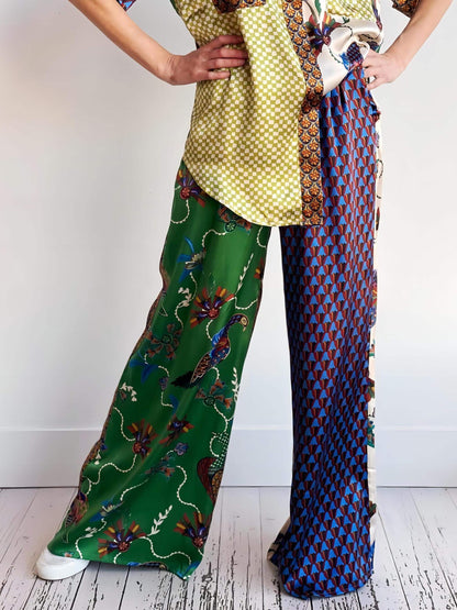 Bohemian-Inspired Loose Wide Leg Pants Set with Unique Folk Print
