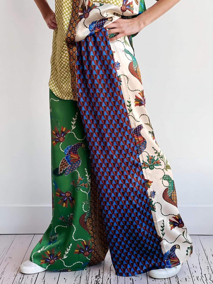 Bohemian-Inspired Loose Wide Leg Pants Set with Unique Folk Print