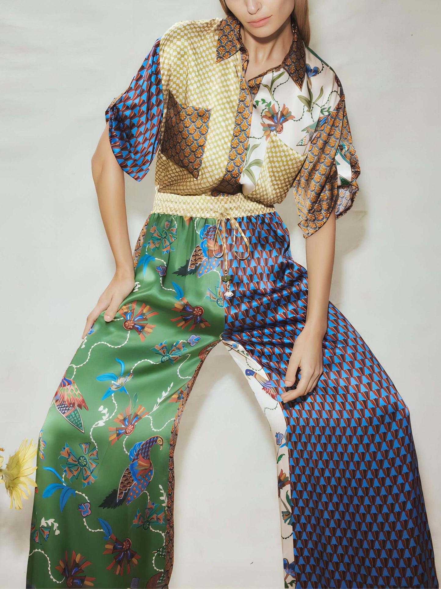 Bohemian-Inspired Loose Wide Leg Pants Set with Unique Folk Print