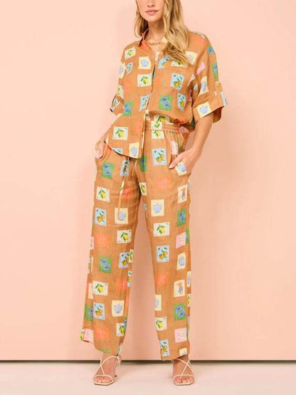 Set of Loose Wide-Leg Trousers Featuring Ethnic Botanical Floral Print