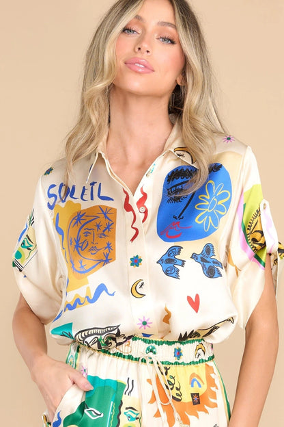 Relaxed Ivory Printed Shirt and Trousers Ensemble