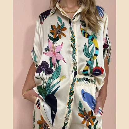 Bohemian Nature-Inspired Satin Shirt and Trousers Ensemble