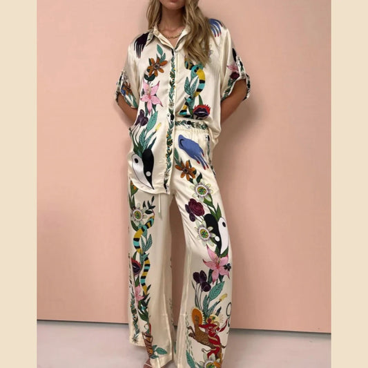 Bohemian Nature-Inspired Satin Shirt and Trousers Ensemble