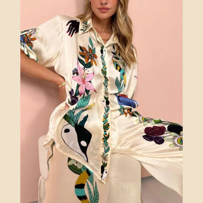 Bohemian Nature-Inspired Satin Shirt and Trousers Ensemble