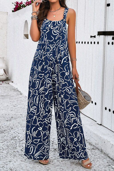 Pocketed Printed Wide Strap Jumpsuit