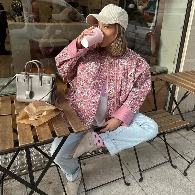 Quilted Jacket with Retro Floral Print for Street Style
