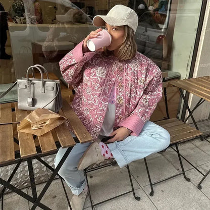 Quilted Jacket with Retro Floral Print for Street Style