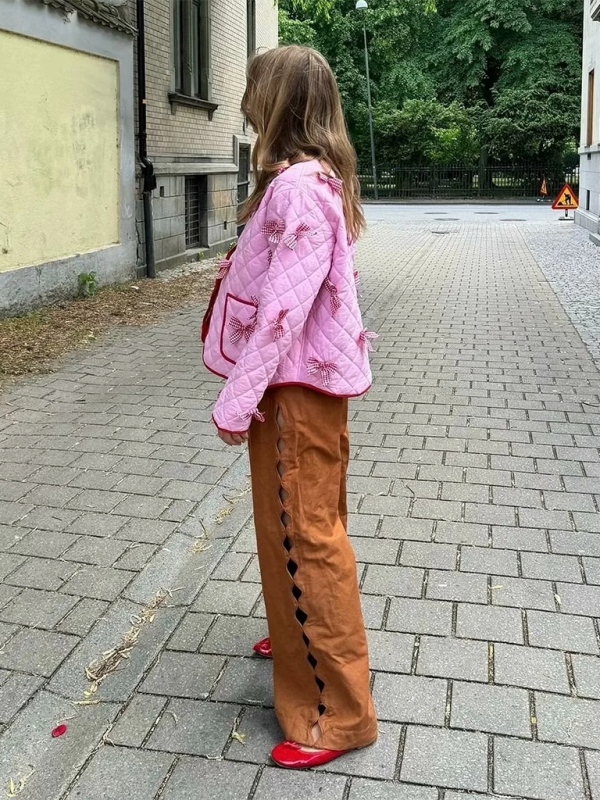 Quilted Thin Jacket with Bow Embroidery