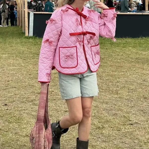 Quilted Thin Jacket with Bow Embroidery