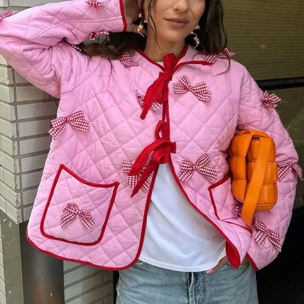 Quilted Thin Jacket with Bow Embroidery