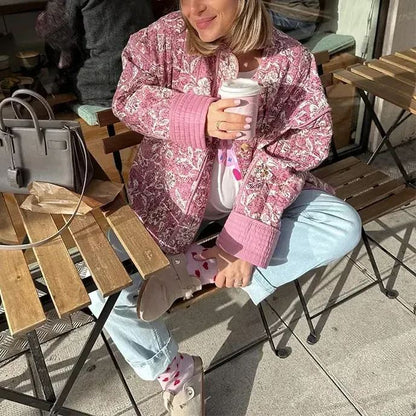 Quilted Jacket with Retro Floral Print for Street Style