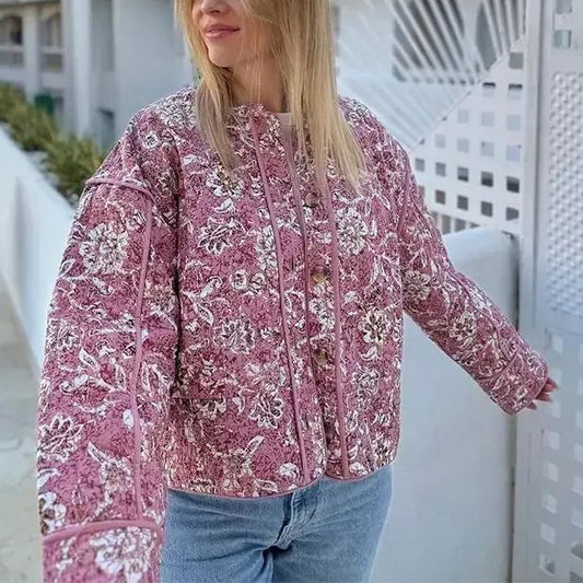Quilted Jacket with Retro Floral Print for Street Style