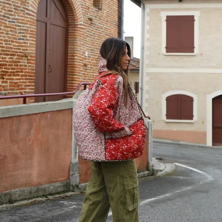 Quilted Jacket with Ethnic Floral Print and Color Contrast