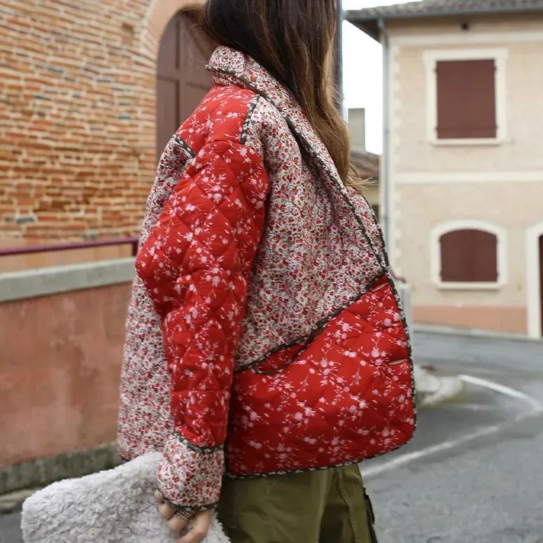 Quilted Jacket with Ethnic Floral Print and Color Contrast