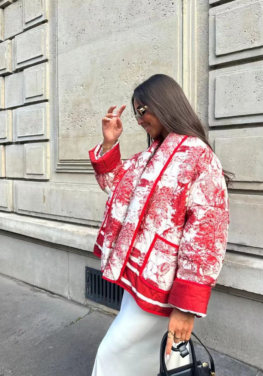 Quilted Oversized Jacket with Vintage Ink Painting Print