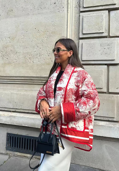 Quilted Oversized Jacket with Vintage Ink Painting Print