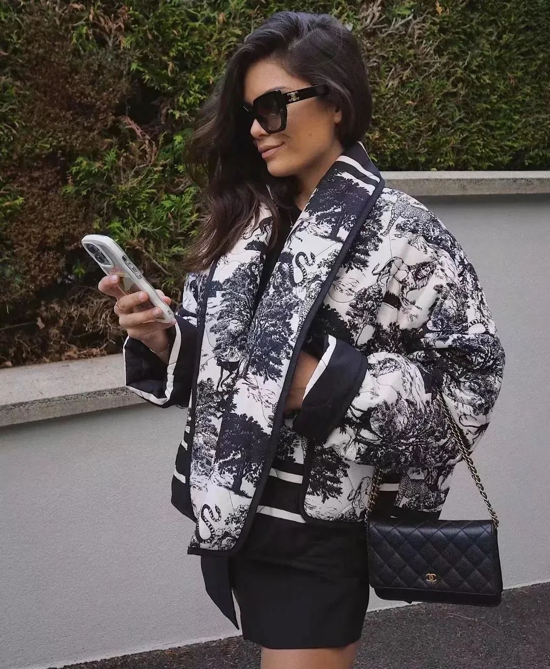 Quilted Oversized Jacket with Vintage Ink Painting Print