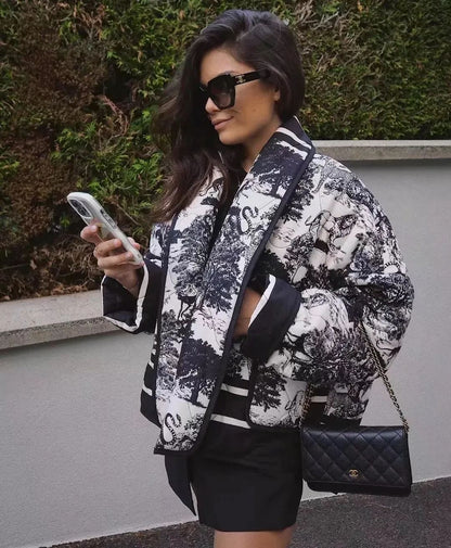 Quilted Oversized Jacket with Vintage Ink Painting Print