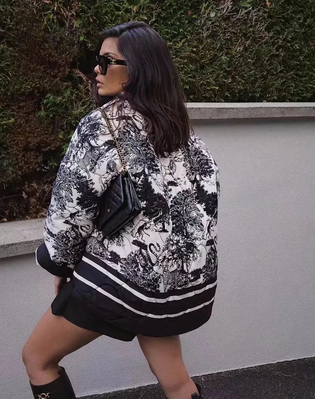 Quilted Oversized Jacket with Vintage Ink Painting Print