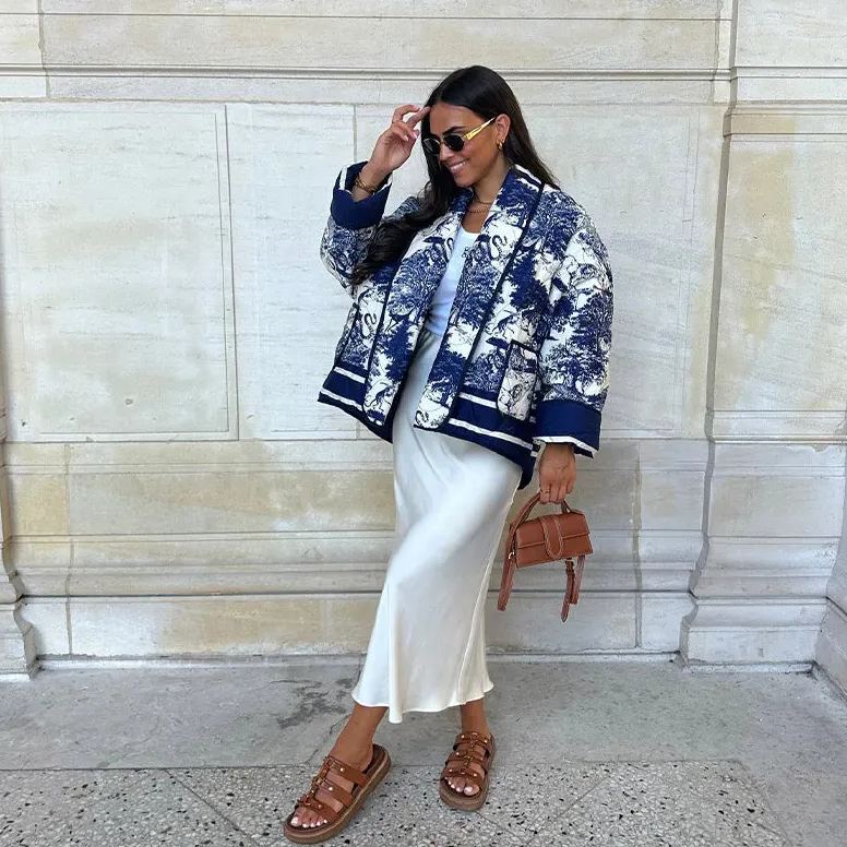 Quilted Oversized Jacket with Vintage Ink Painting Print