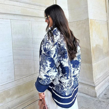Quilted Oversized Jacket with Vintage Ink Painting Print