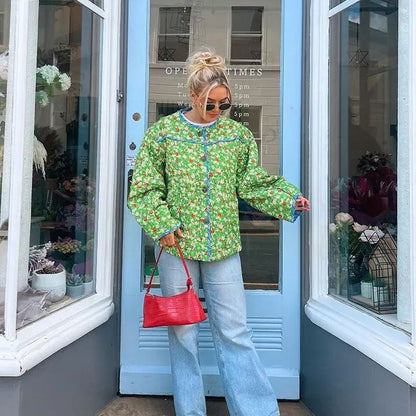 Relaxed Fit Floral Print Jacket in Green
