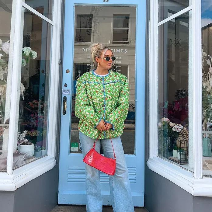 Relaxed Fit Floral Print Jacket in Green