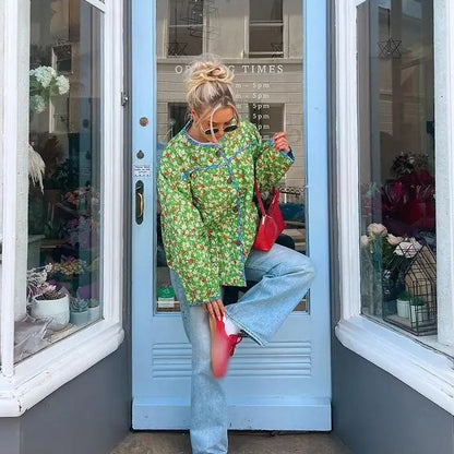 Relaxed Fit Floral Print Jacket in Green