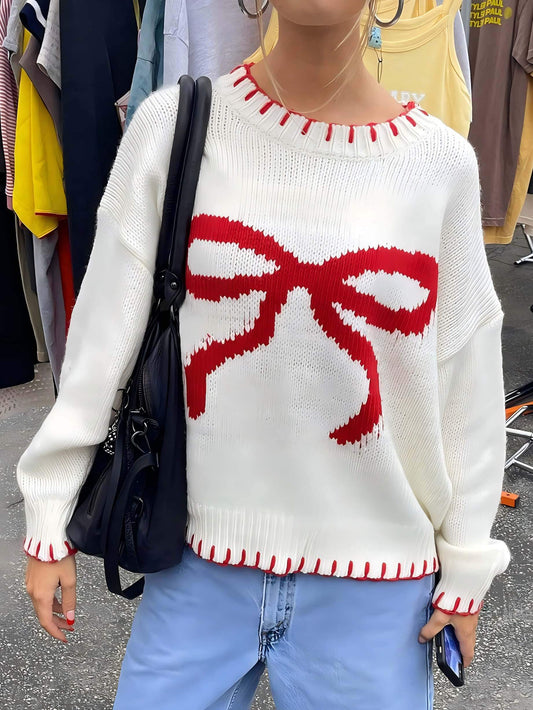 Loose-Fit Bow Jacquard Sweater