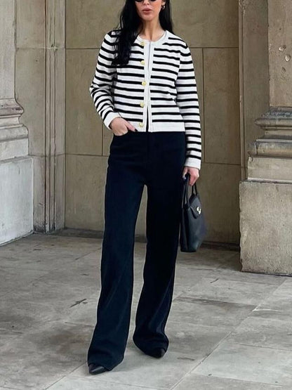 Retro Striped Knit Crew Neck Cardigan