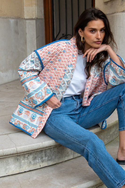 Quilted Thin Jacket with Lapel and Printed Patchwork Design