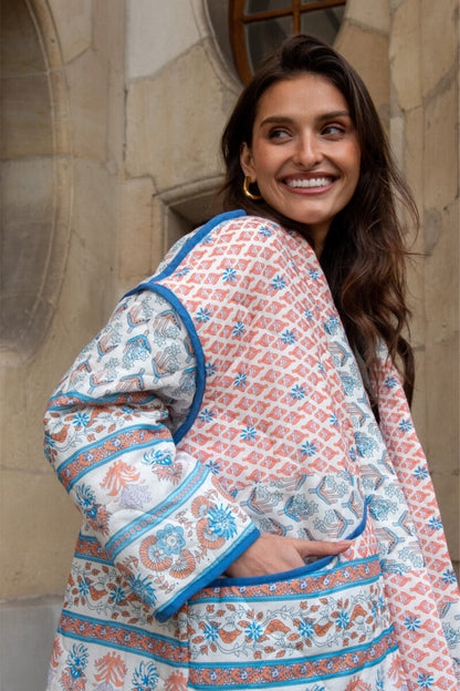 Quilted Thin Jacket with Lapel and Printed Patchwork Design