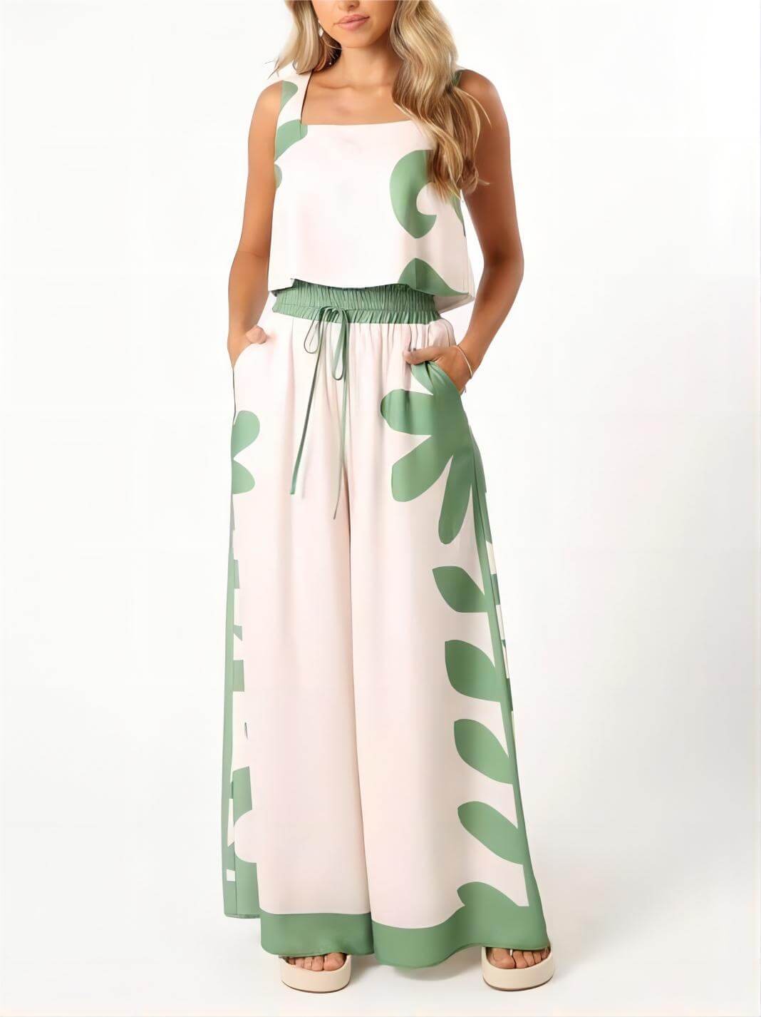 Flowy Sleeveless Floral Print Wide-Leg Pants Set