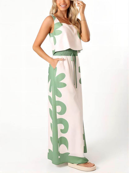 Flowy Sleeveless Floral Print Wide-Leg Pants Set