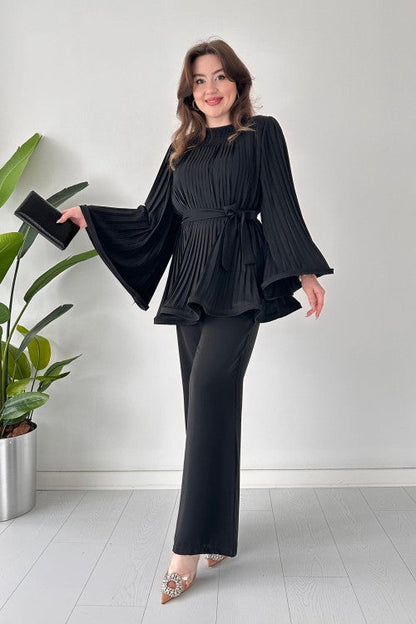 Pleated Flare Top and Pants Ensemble