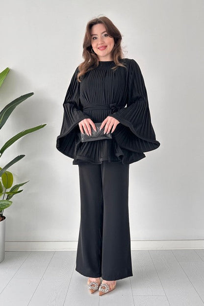 Pleated Flare Top and Pants Ensemble